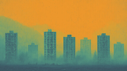 Obraz premium Destroyed City Skyline In Fog After War Panoramic Urban Ruins Conflict Concept