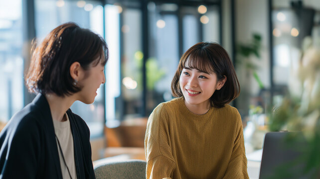 笑顔で会話する女性同士 リラックスした雰囲気のカジュアルなコミュニケーションシーン