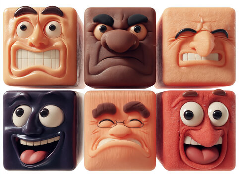 Set of emotional square faces with skin-like texture, 3D realistic style, various meme reactions: angry, happy, surprised, silly. Grid layout 3x2, cartoon character design for avatars and stickers