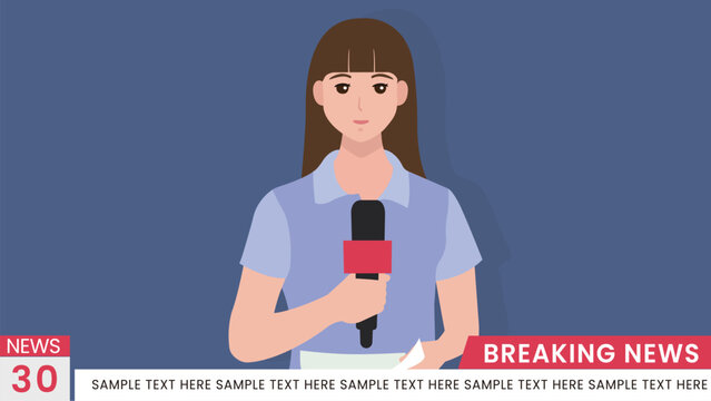 Female News Reporter Holding Microphone and Reading Script on Breaking News TV Screen Background Vector Illustration