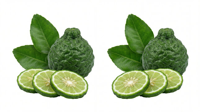 Whole kaffir lime fruit vibrant green leaves and multiple fresh citrus slices arranged for cooking and health, isolated on white background