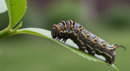 Fototapeta premium Detailed macro photograph of a segmented caterpillar with orange and black stripes feeding on a vibrant green leaf in nature