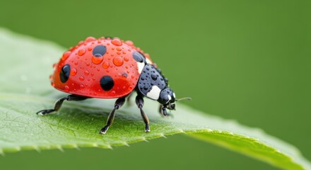 Fototapeta premium Vibrant ladybug with water droplets crawls on a lush green leaf in nature