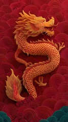 Fototapeta premium Traditional Chinese dragon papercut style illustration with gold foil accents. Intricate detailed floral patterns and multi-layered paper art concept. Premium oriental cultural heritage background