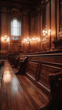 Empty church pews with wooden floor.
