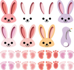 Fototapeta premium Cute cartoon bunny faces and feet illustrations in various colors on white background