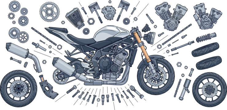 Detailed Motorcycle Parts Explosion Diagram with Engine Components Wheels Tools and Mechanical Elements for Repair Service Maintenance and Automotive Engineering Designs