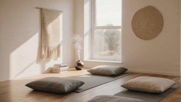 Serene yoga studio with mats, pillows, decor, and a window overlooking a natural landscape