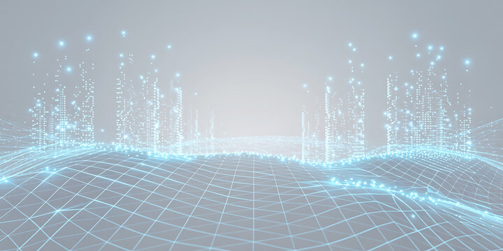 Futuristic digital landscape with glowing blue grid lines and dots on grey background
