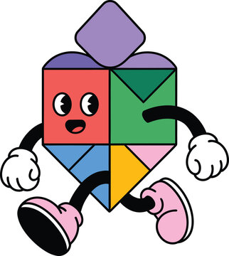 Colorful cartoon rubiks cube character with smiling face and running pose