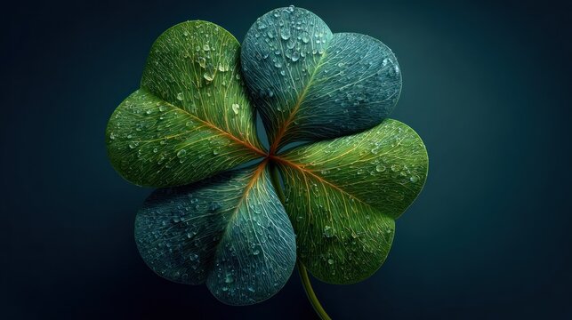 Close up of a dew-kissed four-leaf clover on a dark textured background