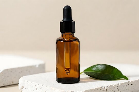 Essential oil bottle with pipette on travertine surface, clean aesthetic composition for cosmetic brand.