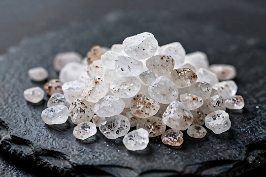 Pile of coarse sea salt crystals on a dark slate stone background.