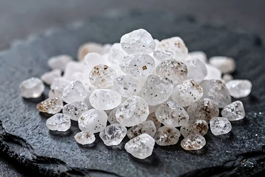Pile of coarse sea salt crystals on a dark slate stone background.
