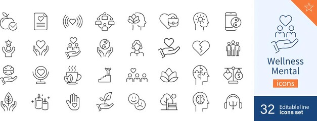 Set of 32 Wellness Mental web icons in line style. Health, mental, activity, brain. Vector illustration. Thin line customizable illustration. Vector isolated outline drawing. Editable stroke 