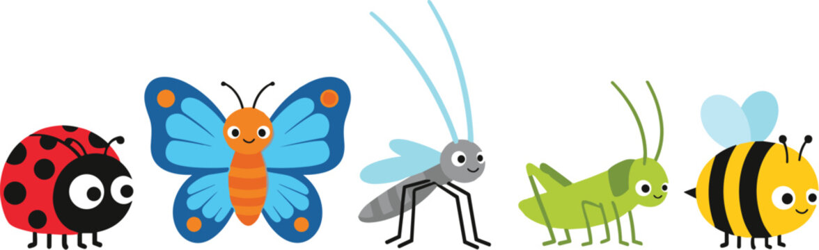 Cute insects cartoon set with ladybug butterfly mosquito grasshopper bee colorful bug characters illustration collection