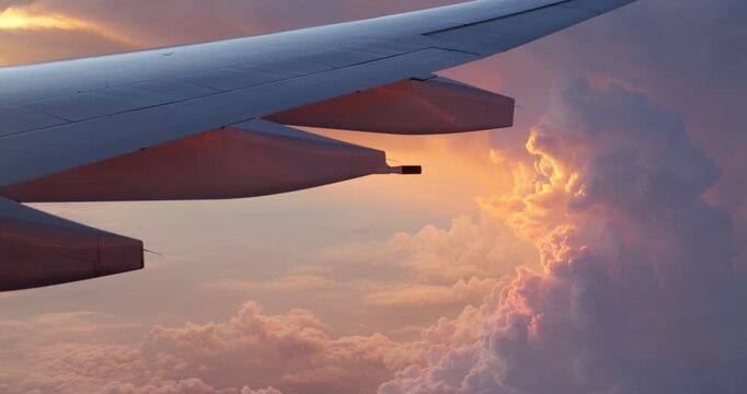 Scenic passenger perspective through airplane window, capturing warm, illuminated towering clouds glowing with vibrant sunset light. Foreground features intricate details of wing and its flaps.