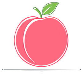 Fototapeta premium Simple peach fruit illustration with green leaf. Stylized flat vector icon for healthy food and design.