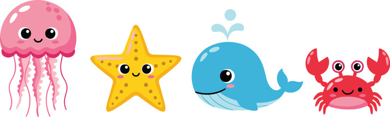 Cute sea animals cartoon set with jellyfish starfish whale crab ocean character illustration collection © Kharshad Creative