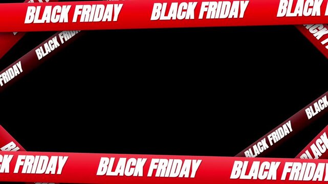 Red ribbon banner strips with Black Friday text cross diagonally over a black background, forming an octagonal frame border with a dark retail sale promotion theme animated overlay.