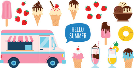 Summer ice cream collection with desserts strawberries drinks van truck colorful flat illustration set © Kharshad Creative