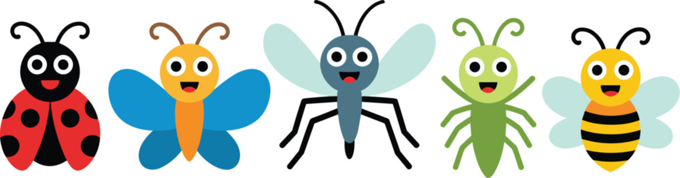 Cute insects cartoon set with ladybug butterfly mosquito spider bee colorful bug characters illustration collection