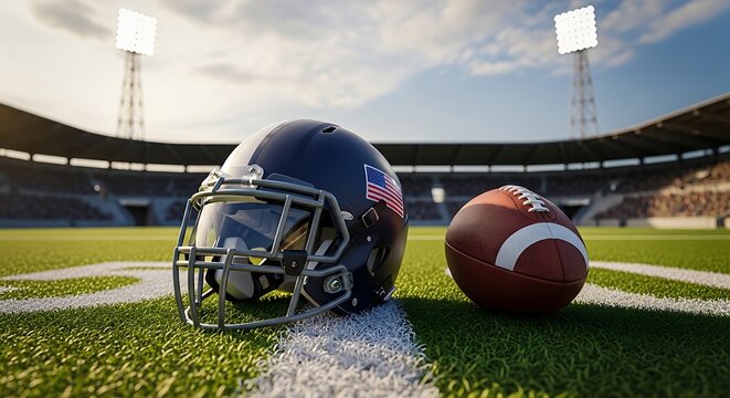 American Football Field - Helmet and Ball on the Turf.