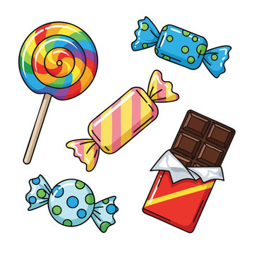 Colorful assorted candies and a chocolate bar with wrapper on white background