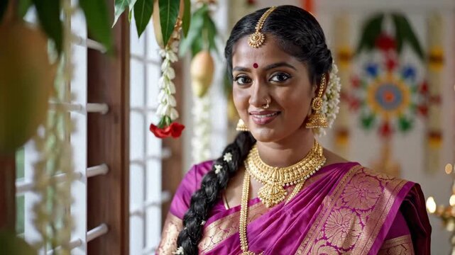 Smiling tamil woman in traditional saree and gold jewelry celebrating puthandu, the tamil new year, with festive decor.