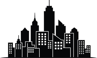 Obraz premium Black silhouette of a city skyline with various buildings and skyscrapers, representing urban landscape