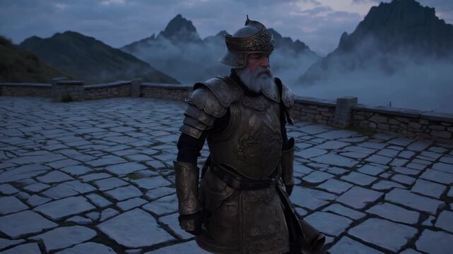 Knight stands on stone terrace. Armor clad warrior holds sword. Helmet and beard are visible in mist. Castle and fortress walls rise behind guard. Lonely knight keeps watch on battlement. Quiet dusk.