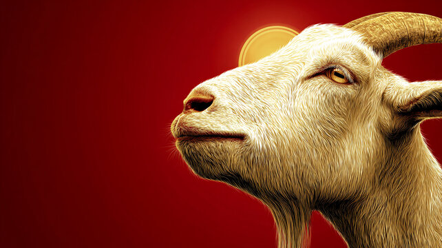 Goat's head on a red background. The goat looks up.
