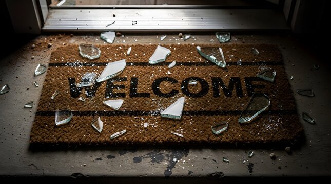 Shattered Welcome Mat Symbol of Broken Hospitality and Unwelcome Entry