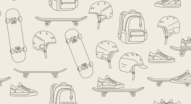 Seamless Pattern of Skateboard Equipment and Accessories Line Art