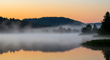 Fototapeta premium Ethereal mist dances over a tranquil lake at the break of dawn, reflecting the soft, golden glow of the rising sun amidst a serene forest landscape