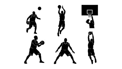 Basketball player silhouettes set featuring athletes dribbling shooting and dunking for sports graphic design © Zyariss