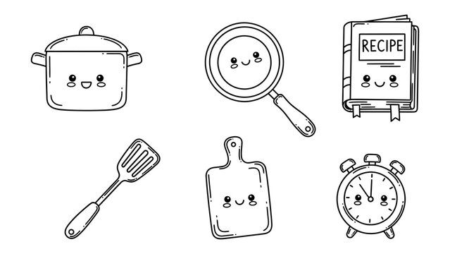 Kawaii kitchen utensils and cooking tools doodle set for coloring book or stickers