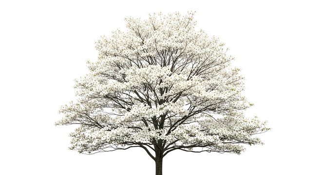 White dogwood tree in full bloom isolated on gray grid.
