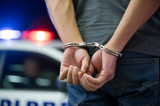 person handcuffed behind back with police car lights