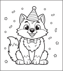Fototapeta premium Cute wolf wearing hat and bow coloring page for kids, black vector outline illustration for children activity book design