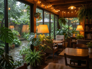 Fototapeta premium Rainy Day 雨の日 079 Cozy Cafe Interior with Lush Plants and Warm Lights on a Rainy Day（雨の日の温かな灯りと緑豊かな植物に囲まれた居心地の良いカフェインテリア）