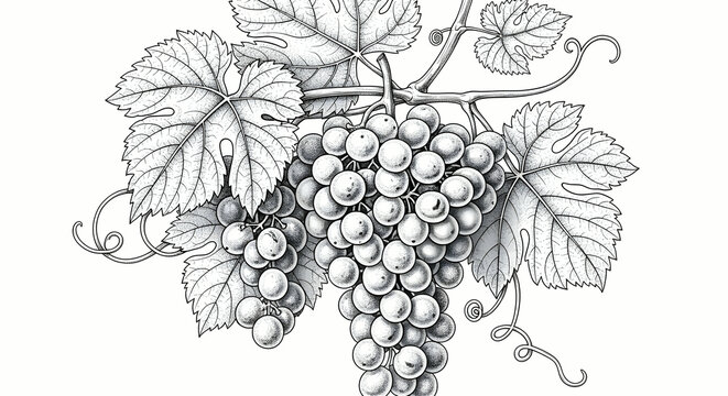 Vintage Grapes Bunch with Leaves and Tendrils - Black and White Botanical Illustration