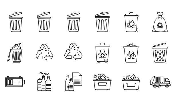 Waste Management Thin Line Icons Vector Trash Can Recycling Bin Garbage Truck Outline Symbol Set