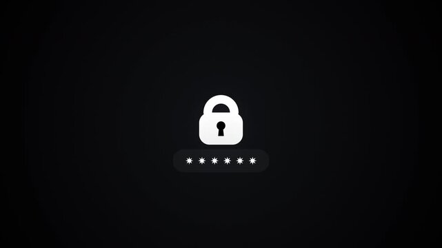 White padlock icon with keyhole sits above a rounded password input field showing masked asterisk characters over a dark black background, forming a clean digital security authentication technology