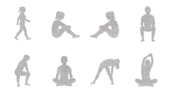 Halftone dot pattern people in various yoga poses and casual stances