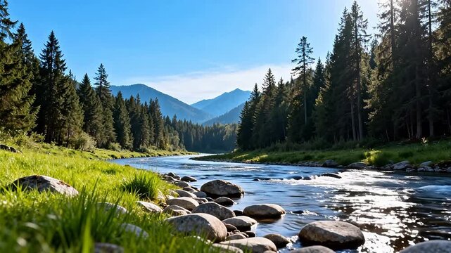 River flowing through forested mountains