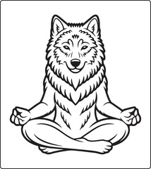 Obraz premium Cute wolf sitting alone and doing yoga coloring page for kids, black vector outline illustration for children activity book design