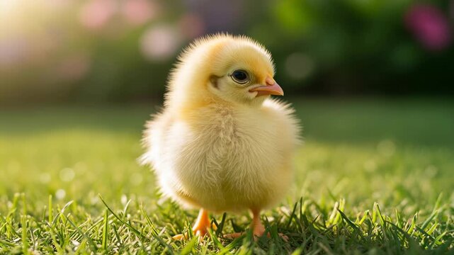 Young chick standing on green grass in sunny garden