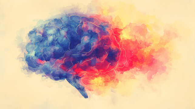 An abstract brain illustration with dual-tone design, representing cognitive functions artistically. STEM education sheets, lab safety posters, designed for biotech research communications.