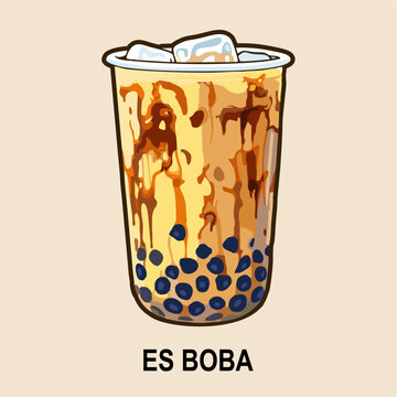 Vector Illustration of Indonesian Es Boba Gula Aren (Brown Sugar Bubble Tea) with Tapioca Pearls and Ice in a Plastic Cup on Cream Background